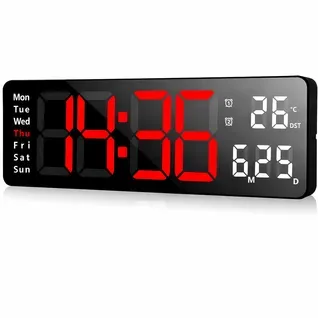 Horloge Murale LED 13", Télécommande, Date Et Température, 10 Niveaux, Abs Noir, Lumière Rouge
