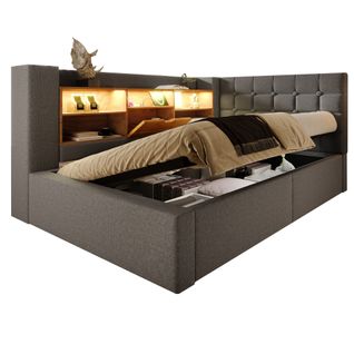 Lit Coffre 90×190 cm, Capitonné Simple Ado, LED, Ports USB Type-c, Tête De Lit Rangement, Lin Gris