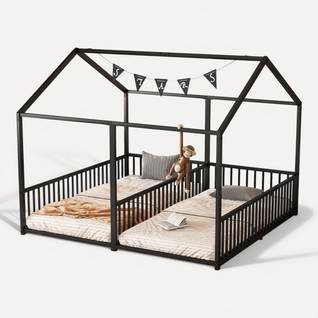 Lit Enfant 2x90x200 Cm, Lit Cabane, Forme Maison Et Barrière Sécurité, Structure Métal, Noir