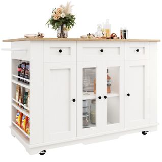 Îlot  Central  151,5x85x91,7 Cm, 4 Portes, 3 Tiroirs, Verre, Mdf, Métal, Couleur Blanc+bois