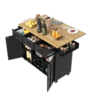 Îlot De Cuisine 124x40/65x91.5 Cm, Plateau Rabattable 65 Cm, Multifonction, Mdf, Noir+bois