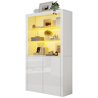 Vitrine 100x35x170 Cm, Éclairage LED 16 Couleurs, 2 Portes, 2 Étagères En Verre Trempé, Mdf, Blanc
