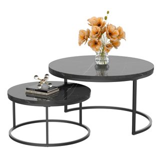 Lot De 2 Tables Basses Noires Rondes En Métal Et Panneau Composite Avec Motif De Marbre