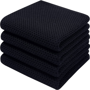 Lot De 4 Torchons En Coton Gaufré 34x73 Cm, Motif Nid D’abeilles, Lavables En Machine, Noir