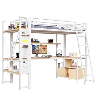 Lit Mezzanine 90x200 Cm, Bureau, LED, Rangement Et USB, Métal Et Mdf, Couleur Blanc+bois
