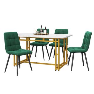 Ensemble Table Et Chaises, Table à Manger 120 Cm Avec Pieds Dorés Et 4 Chaises En Velours Vert