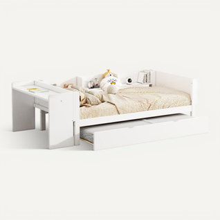 Lit Enfant 90x200 Cm, Avec Lit Gigogne 90x180 Cm Et Bureau, En Bois, Blanc