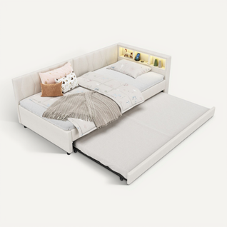 Lit Gigogne 90x200 Cm, Tête De Lit De Rangement Et LED, Avec Lattes, En Lin, Beige