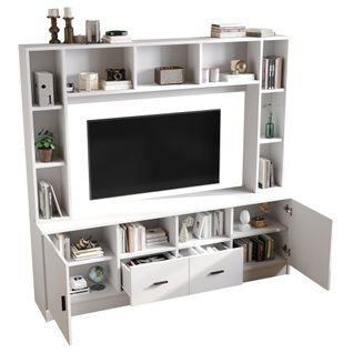Meuble TV Blanc De 180 Cm Avec 2 Portes, 2 Tiroirs, 11 Étagères