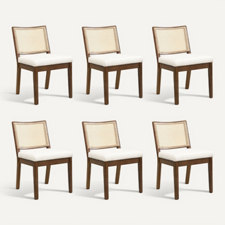Lot De 6 Chaises De Salle à Manger, Dossier En Rotin, Assise En Lin, Noyer