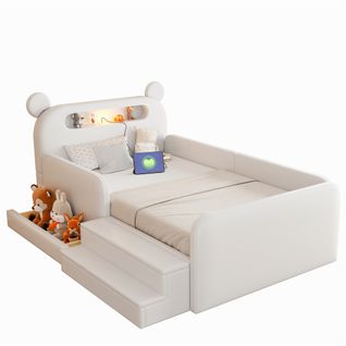 Lit Enfant 90x200 Cm,lit Avec Rangement Et Veilleuse, Avec Ports USB Et Type-c, Blanc