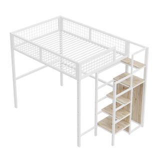 Lit Mezzanine 140x200 Cm - Lit Double Avec Échelle - Rangements - Structure Métal Mdf - Blanc