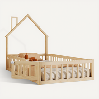 Lit Enfant 90x200 - Lit Cabane Enfant - Sommier à Lattes Inclus - Cheminée Décorative -mdf Naturel