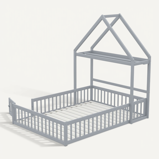 Lit Enfant Cabane Gris 140x200 Cm Avec Rangement Et Barrière De Sécurité