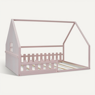 Lit Enfant Cabane Rose 140x200 Cm Avec Barrières, Structure En Bois
