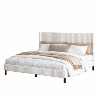 Lit Rembourré 180x200 Cm Avec Structure Métallique Beige Et Crème