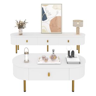 Ensemble Meuble TV 174x35x41 Cm + Table Basse 108x50x40 Cm Mdf Blanc, Poignées Et Pieds Dorés