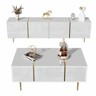 Ensemble Meuble TV 170x35x46 Cm + Table Basse 100x60x41,5 Cm Laqué Blanc Et Accents Dorés