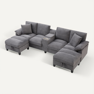 Canapé D'angle En U 293x142x93 Cm Velours Côtelé Gris, 4–5 Places, Rangements Et Ports USB