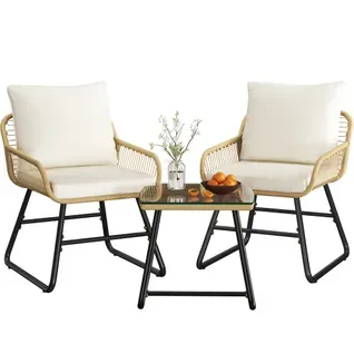 Salon De Jardin 2 Personnes En Polyrotin Avec 2 Fauteuils Et 1 Table Basse, Beige/crème