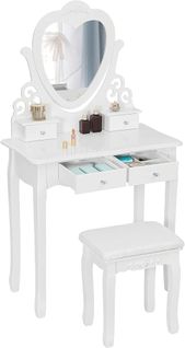 Coiffeuse Table De Maquillage Avec Miroir+4 Tiroirs.coiffeuse En Mdf+bois De Pin.68x138x40 cm.blanc
