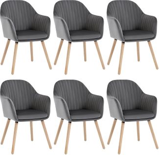6x Chaise De Salle À Manger en Velours Et Bois Massif - Gris Foncé