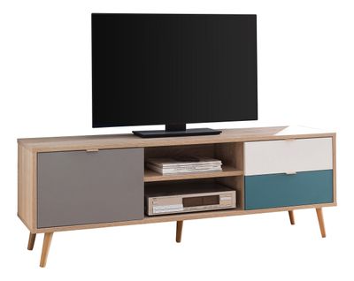 Meuble TV scandinave ARUBA Chêne, gris, bleu et blanc