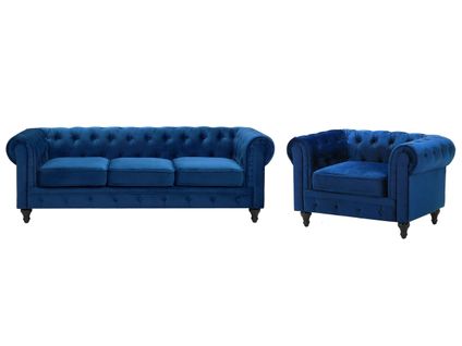 Ensemble Canapé Et Fauteuil En Velours Bleu Cobalt 4 Places Chesterfield