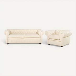 Ensemble Canapé Et Fauteuil En Cuir Beige Crème 4 Places Chesterfield