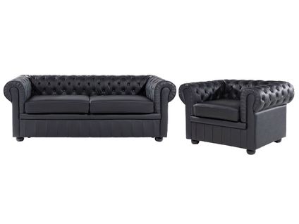 Ensemble Canapé Et Fauteuil En Cuir Noir 4 Places Chesterfield