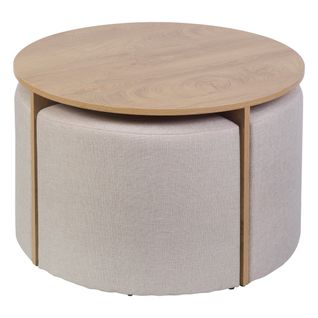 Table basse ronde + 4 poufs PRISCA chêne et tissu beige
