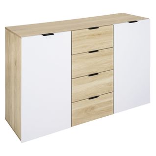 Rangement 2 portes 4 tiroirs LEON blanc et imitation chêne