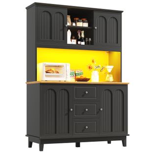 Buffet De Cuisine Avec LED, 4 Portes, 3 Tiroirs Et 3 Niches Noir