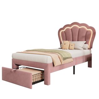 Lit Enfant 90 X 200 Cm Avec LED, Tête De Lit Réglable Et Tiroirs Velours Rose