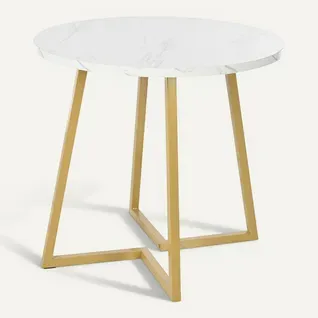 Table à Manger Ronde Avec Structure En Métal Doré Et Placage à Motif Marbre