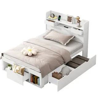 Lit Enfant 90x190 Cm En Bois Avec USB, Tiroirs Et Rangement, Blanc