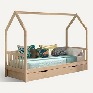 Pack - Lit Enfant et Tiroir-lit "cabane" 90x200cm Naturel