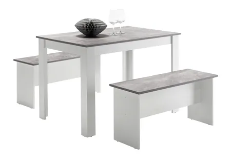 Ensemble table à manger et 2 bancs design PASTA Blanc et imitation béton
