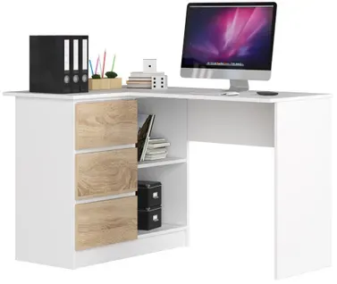 Bureau Akord D'angle Gauche B16 Blanc 124 Cm 3 Tiroirs Façade Chêne Sonoma 2 Étagères 124x85x77 Cm