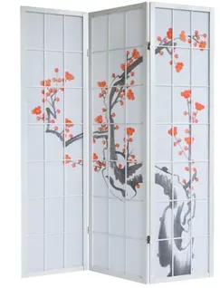Paravent Japonais Fleur De Cerisier En Bois Blanc De 3 Pans, L132 X H175 X P2 Cm