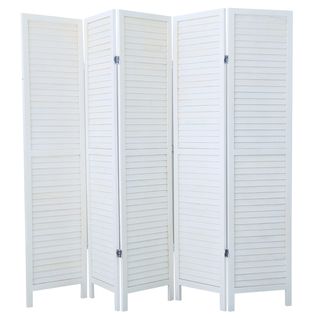 Paravent Persienne De 5 Pans En Bois, Coloris Blanc. Effet Brocante - Dim : H170 X L200 Cm