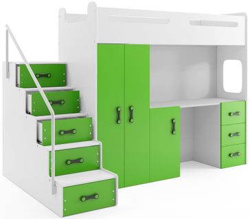 Lit Mezzanine Max 4 En 80x200 Avec Bureau, Armoire, Matelas, Sommier Et Escalier En Blanc+vert