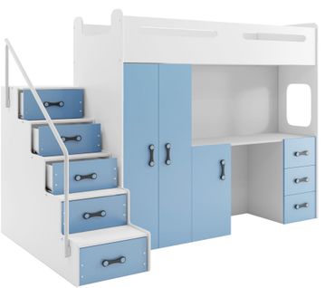 Lit Mezzanine Max 4 En 80x200 Avec Bureau, Armoire, Matelas, Sommier Et Escalier En Blanc+bleu
