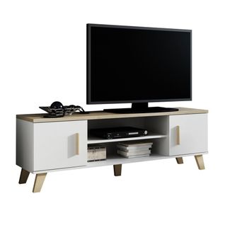 Meuble TV Décor Chêne et Blanc Brillant 160 Cm Colin