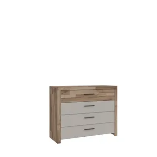 Commode 4 doubles tiroirs RICCIANO imitation chêne et grège vue 3/4