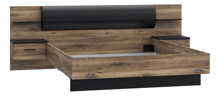 Lit 160x200 cm avec chevets suspendus LEONARD imitation chêne et noir