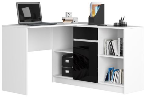 Ensemble D'angle, Bureau B17 Avec Commode Blanc 120 Cm 1 Porte 1 Tiroir Façade Noir Brillant