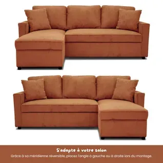 Canapé d'angle convertible méridienne réversible OZ velours côtelé terracotta vue de face