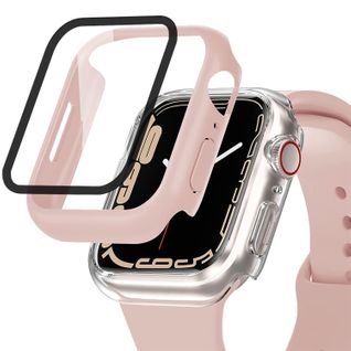 Film Protecteur Verre Trempé 3d Incurvé Pour Apple Watch Series 7 41mm + Coque De Protection Rose