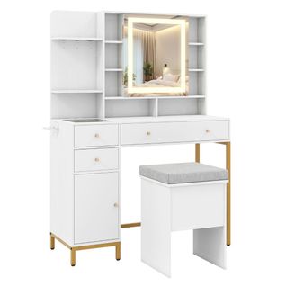 Coiffeuse Avec Miroir LED Ensemble De Coiffeuse Et De Tabouret 3 Couleurs 98x40x138,5cm Blanc